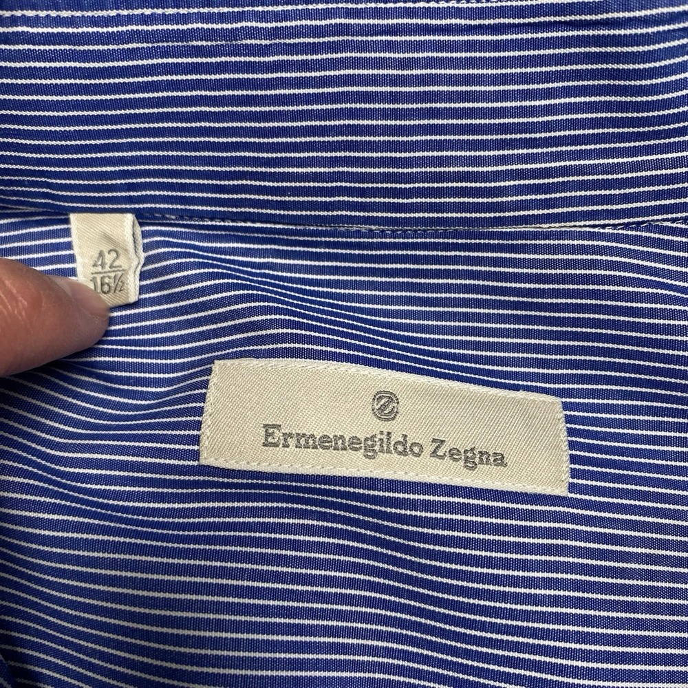 Ermenegildo Zegna Shirt 16.5 42 L/S Button Down Blue White Fine Stripe FLAWS - Picture 7 of 12